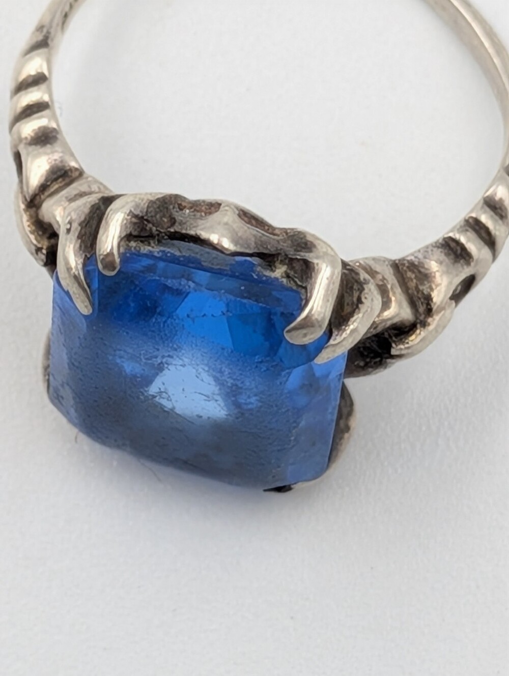 Antique Art Deco 925 sterling silver blue glass rhinestone ring - Picture 7 of 9